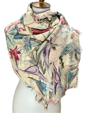 Patrick Frey Paris Wool Silk Scarf Made France Bird Botanical Print Fringe Wrap
